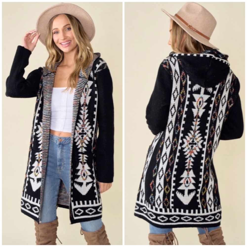 SOLD OUT Black Aztec Rainbow Western Hooded Knit Cardigan Long Sleeve Open - Picture 1 of 8